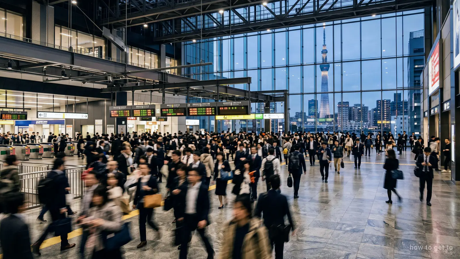 A large Tokyo station concourse with overhead signage and commuters in blurred motion