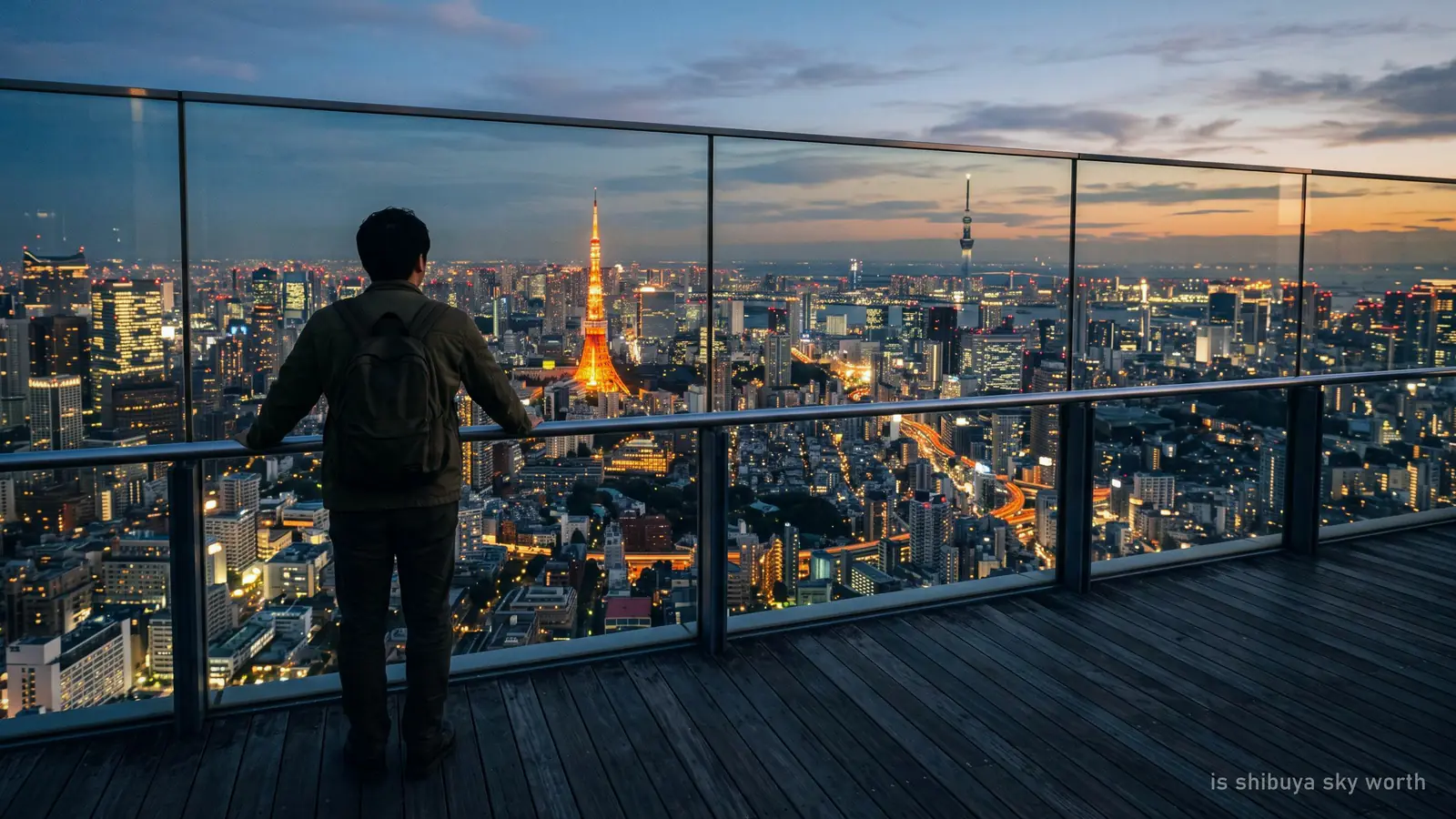 A single visitor at the barrier of a high rooftop, looking out over Tokyo at dusk