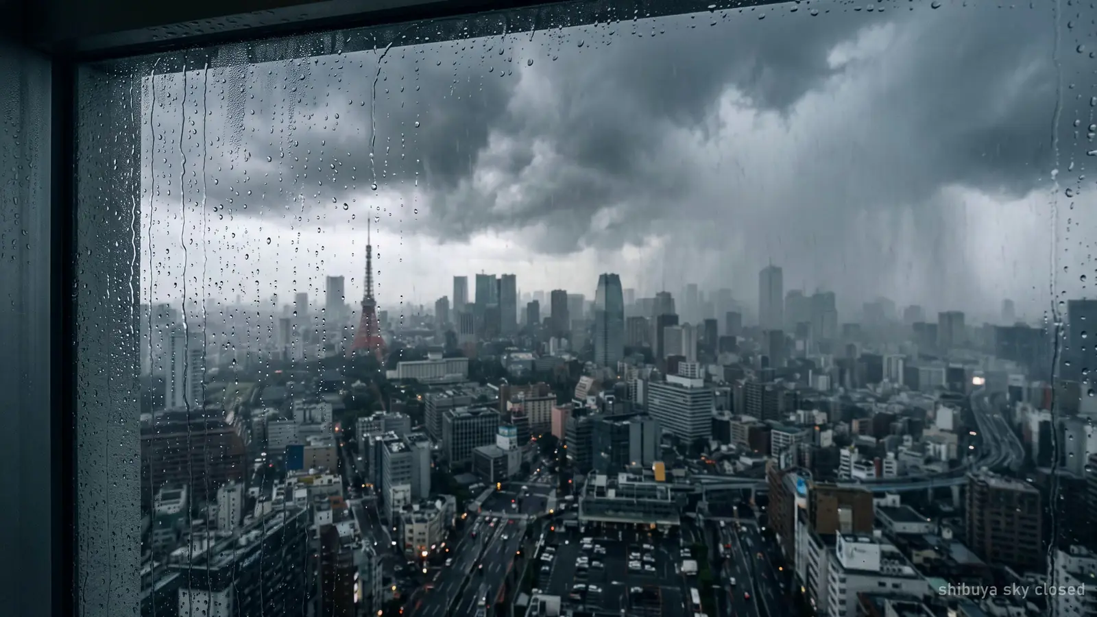 Rain and grey cloud across Tokyo seen from a high window, water beading on the glass