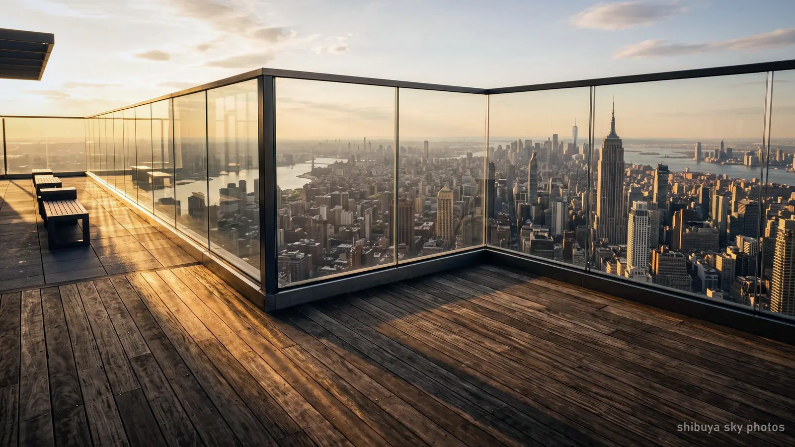 The corner of an open-air rooftop deck with a tall glass barrier, the city dropping away beyond