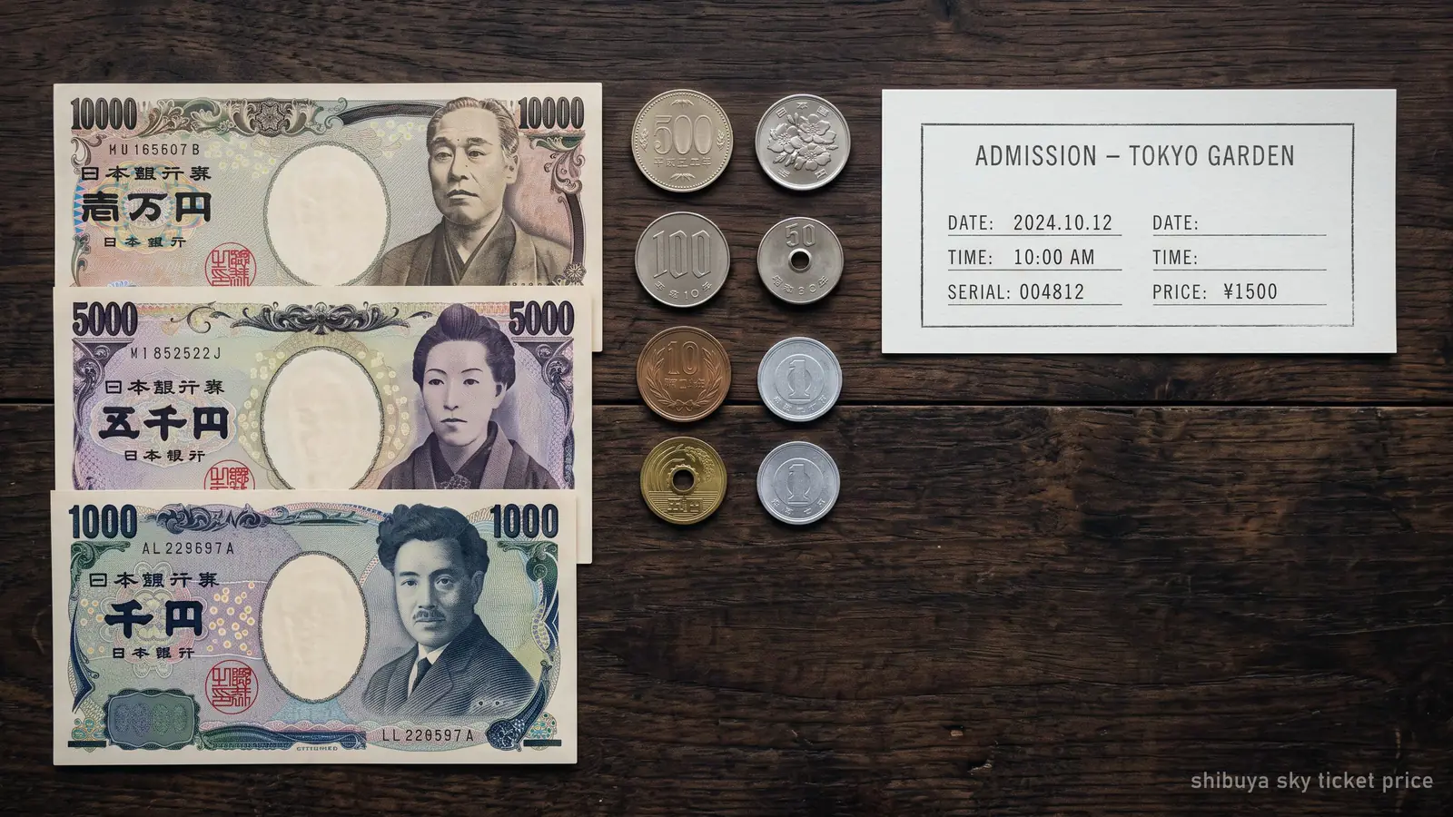 Japanese yen notes and coins beside a plain paper admission ticket, seen from above