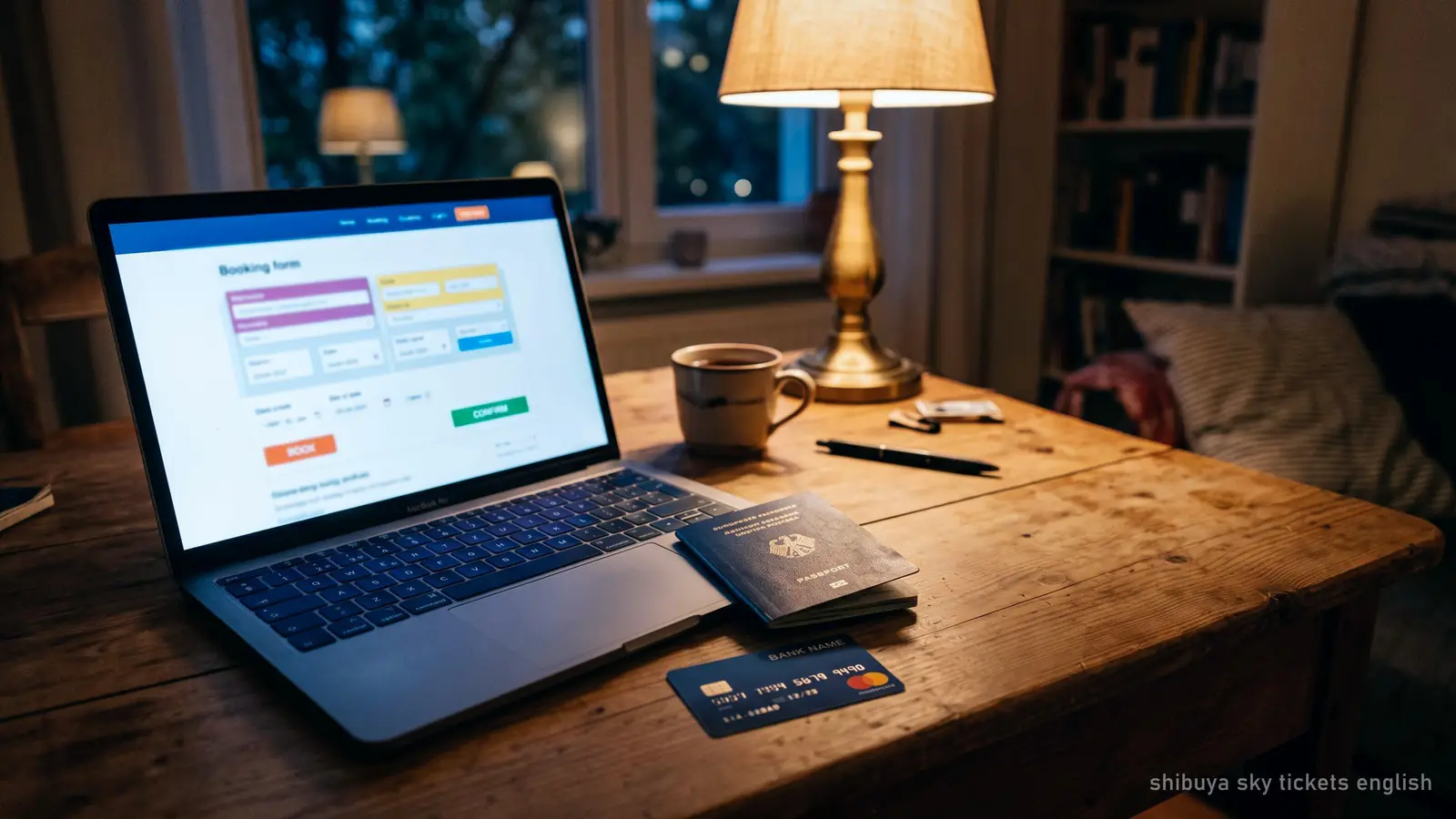 A laptop, passport and bank card on a desk under warm lamp light