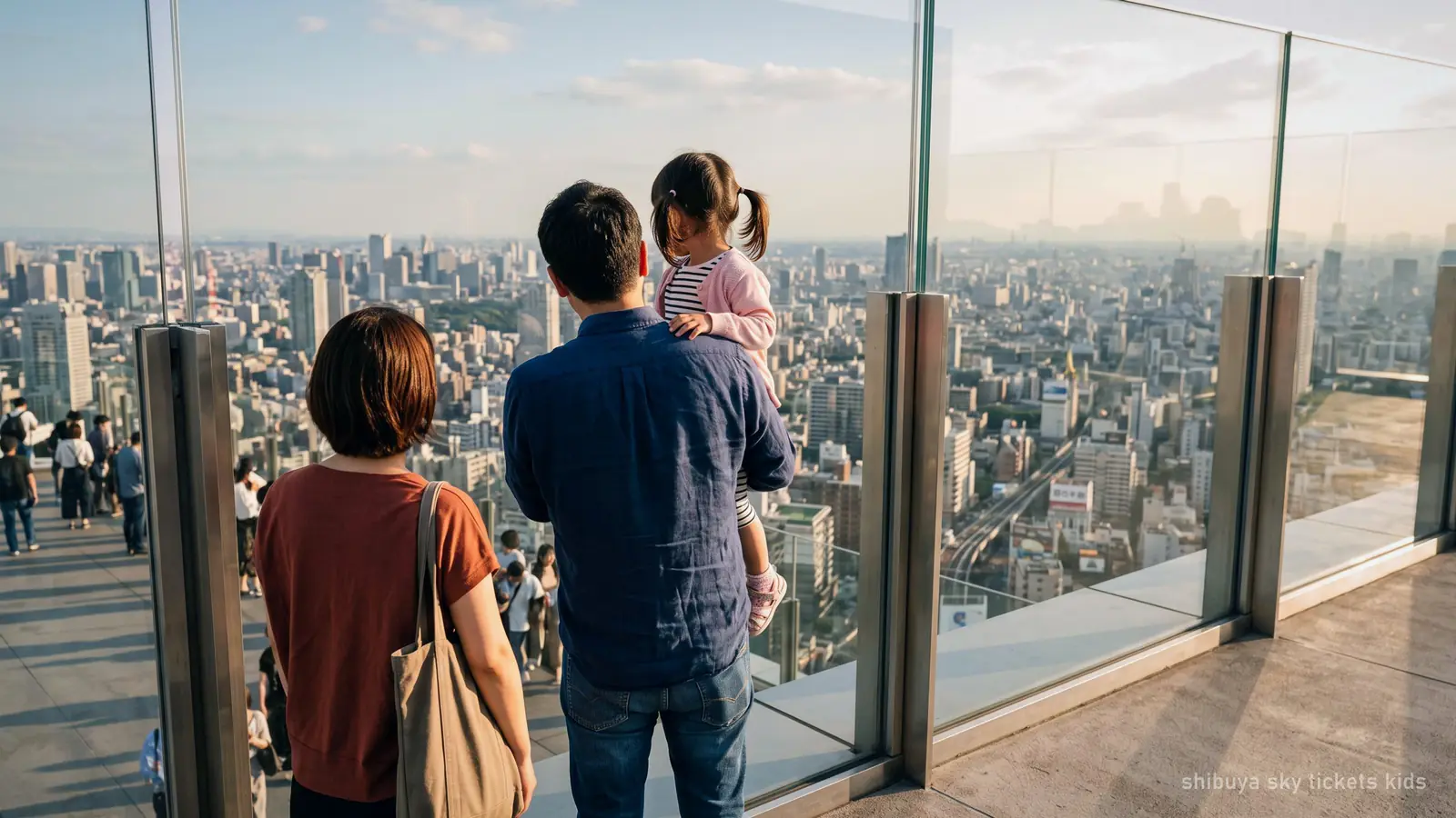An adult lifting a small child to see out through a tall glass barrier high above a city