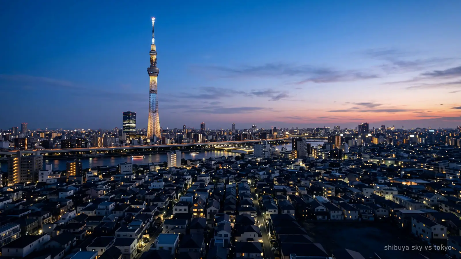 Tokyo Skytree's lattice silhouette rising over the eastern districts at blue hour