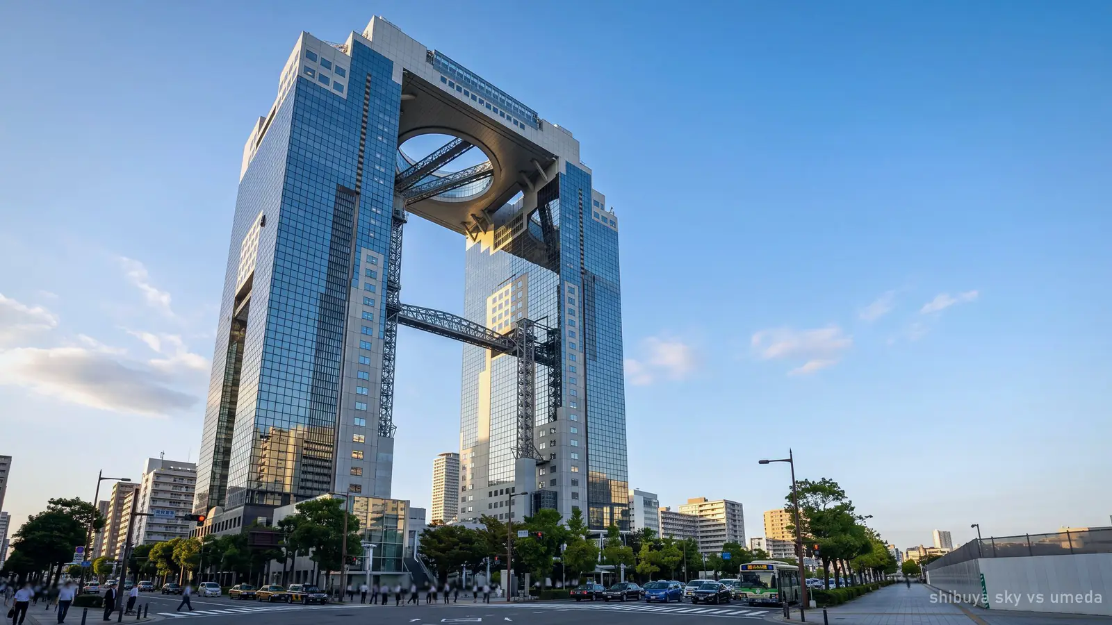 The Umeda Sky Building in Osaka, its twin towers joined by the ring-shaped observatory