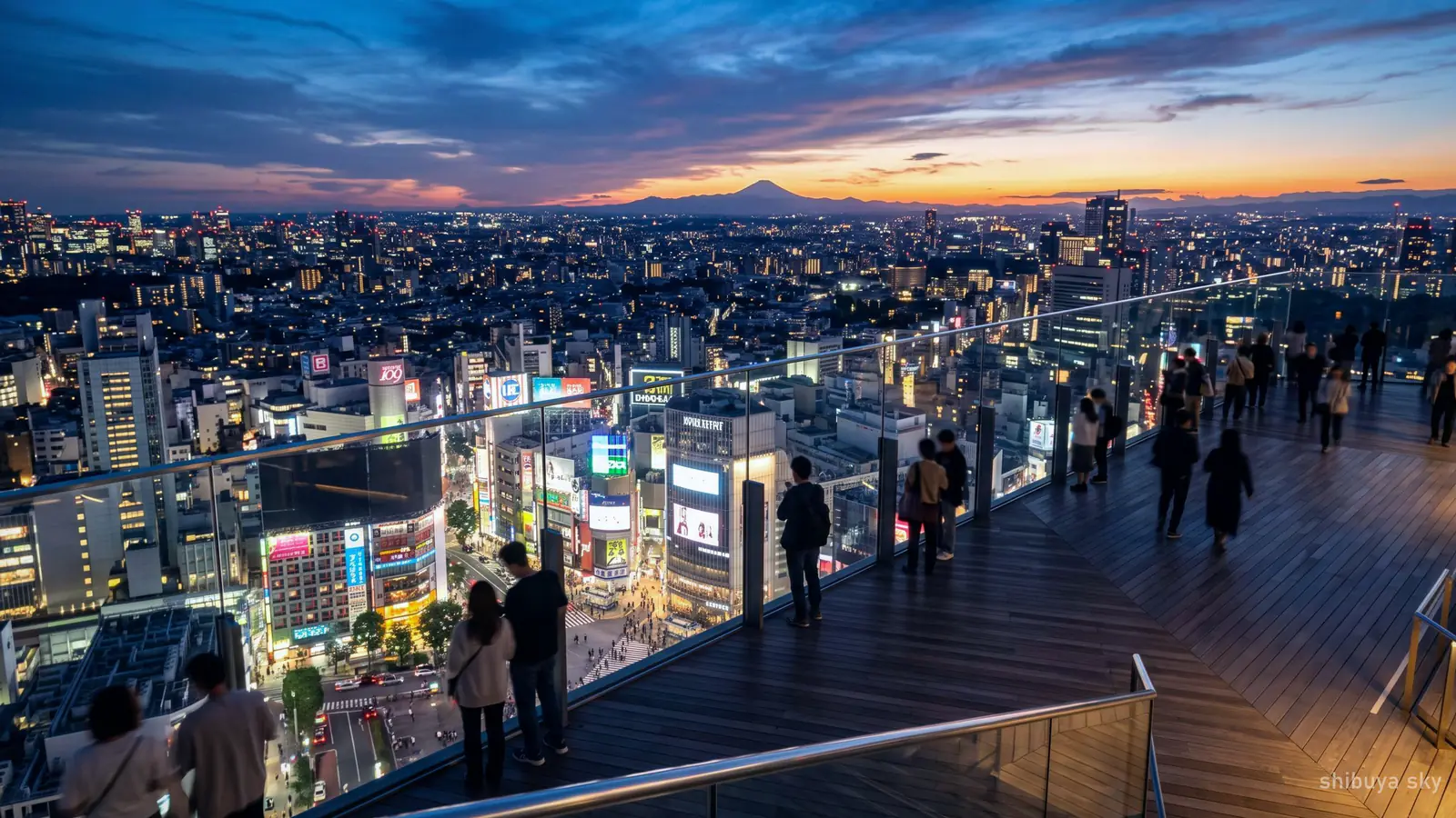 Alacakaranlıkta Shibuya Sky'ın açık hava çatı terası, ufka kadar uzanan Tokyo'nun ışıklarıyla