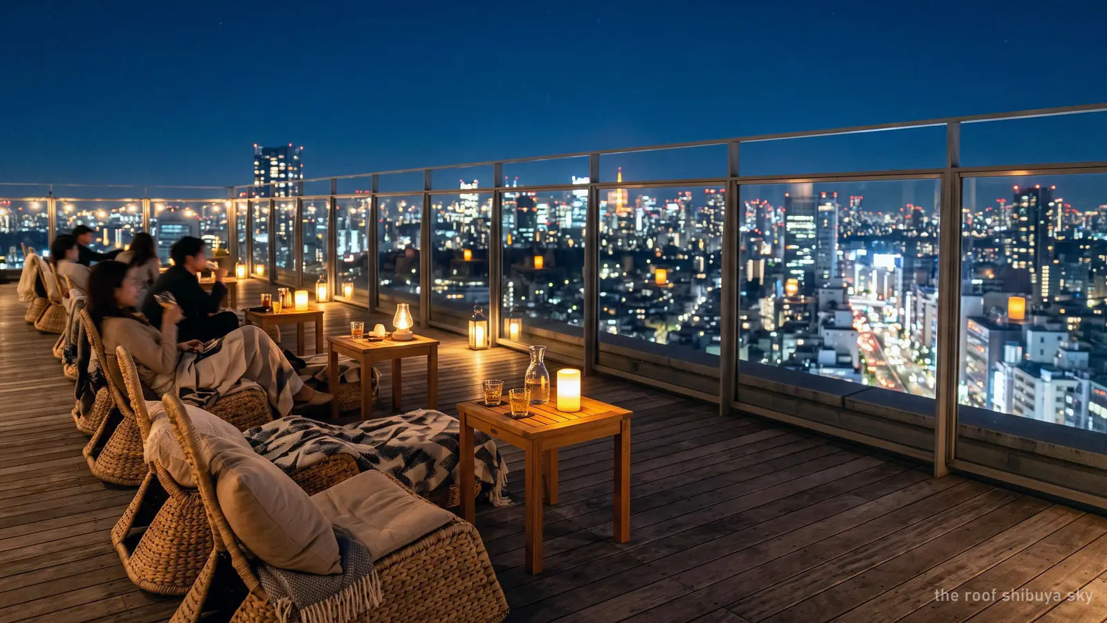 Low seating on an open rooftop at night, facing out over the lit city beyond the barrier