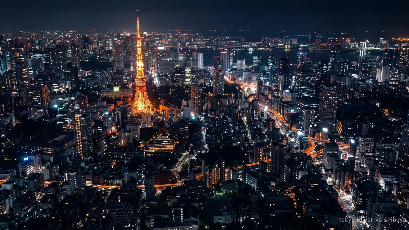 Tokyo Tower lit orange at night, seen from above among the dark blocks of Minato