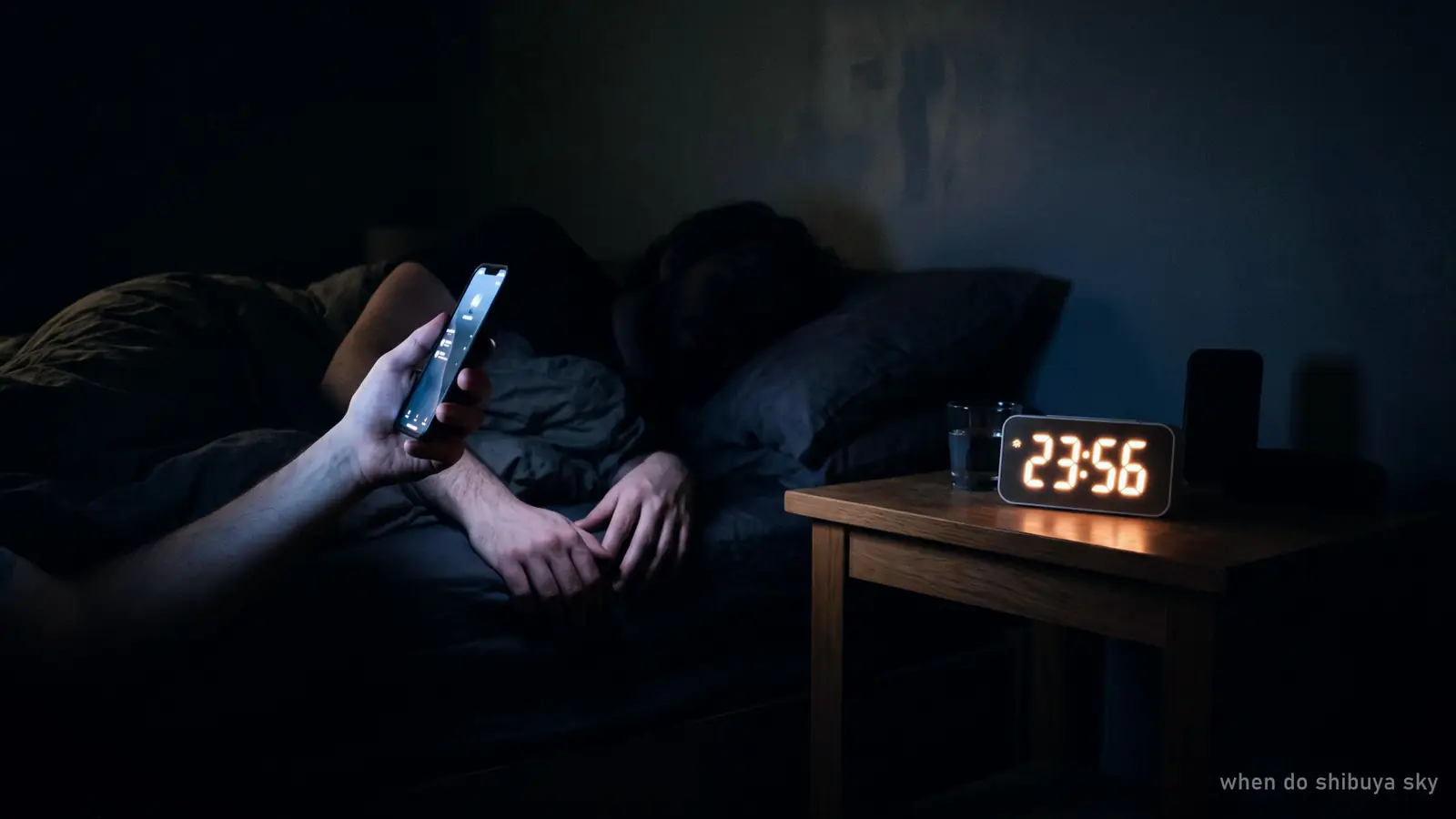 A phone screen lighting a dark room, a clock showing minutes before midnight